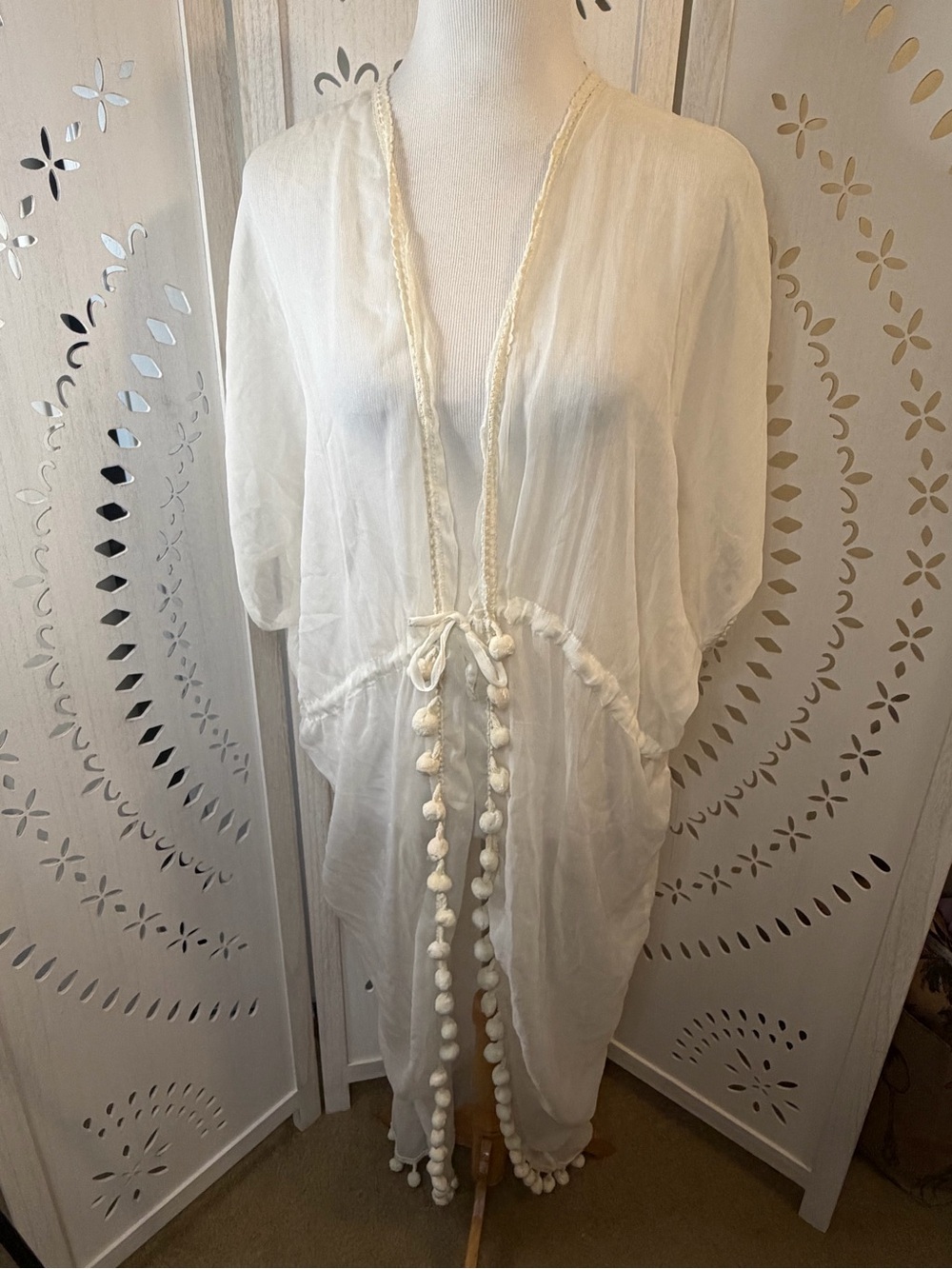 White Boho Pom-Pom Tie Front Beach Cover-Up